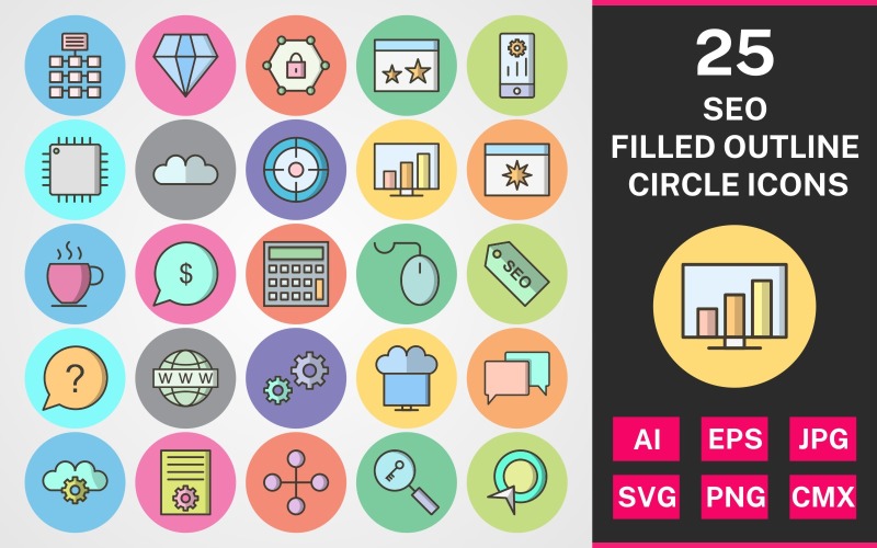 25 Seo Filled Outline Circle Icon Set