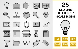 25 Seo Line Filled Greyscale Icon Set