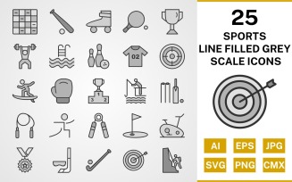 25 Sports And Games Line Filled Greyscale Icon Set