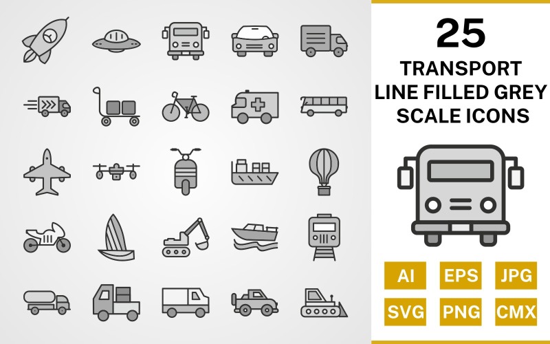 25 Transport Line Filled Greyscale Icon Set