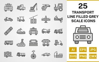 25 Transport Line Filled Greyscale Icon Set