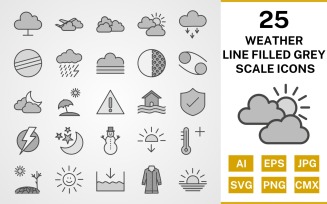 25 Weather Line Filled Greyscale Icon Set
