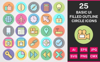 25 Basic ui Filled Outline Circle Icon Set