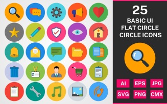 25 Basic ui Flat Circle Icon Set