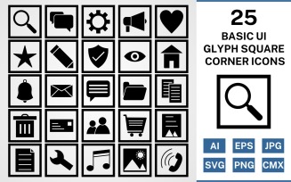 25 Basic UI Glyph Square Corner Pack Icon Set