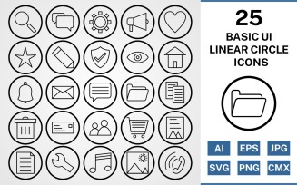 25 Basic ui Linear Circle Icon Set