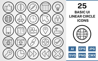 25 Basic ui Linear Circle Icon Set