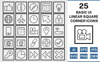 25 Basic UI Linear Square Corner Pack Icon Set