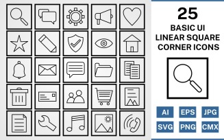 25 Basic UI Linear Square Corner Pack Icon Set