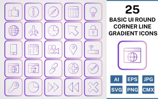 25 Basic ui Round Corner Line Gradient Icon Set