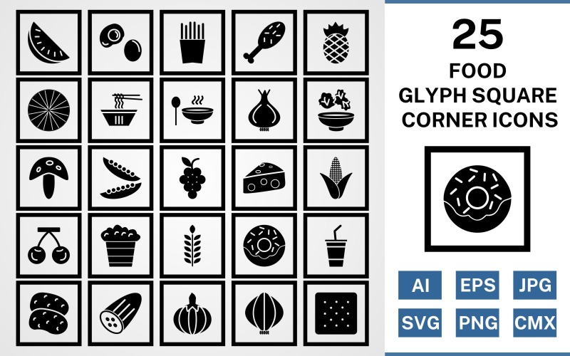 25 Food Glyph Square Corner Pack Icon Set