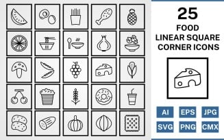 25 Food Linear Square Corner Pack Icon Set
