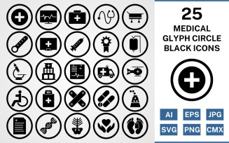 25 Medical Glyph Circle Icon Set