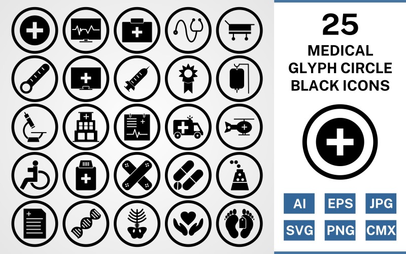 25 Medical Glyph Circle Icon Set