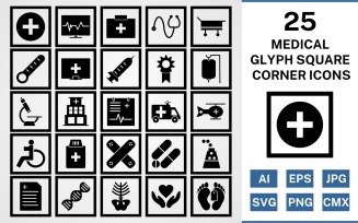 25 Medical Glyph Square Corner Pack Icon Set