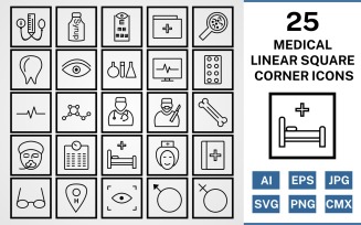25 Medical Linear Square Corner Pack Icon Set