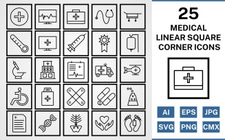 25 Medical Linear Square Corner Pack Icon Set
