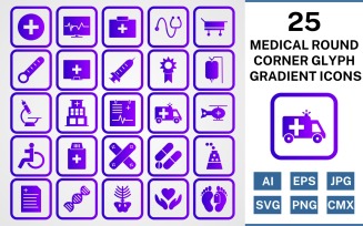 25 Medical Round Corner Glyph Gradient Icon Set