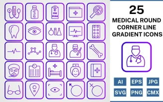 25 Medical Round Corner Line Gradient Icon Set