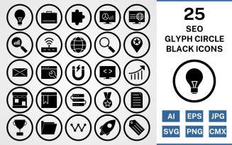 25 Seo Glyph Circle Icon Set