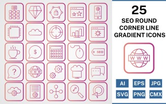 25 Seo Round Corner Line Gradient Icon Set
