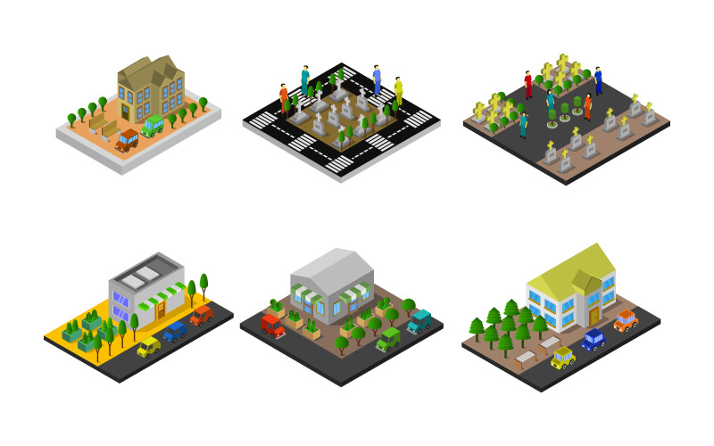 Isometric Buildings Set On White Background - Vector Image Vector Graphic
