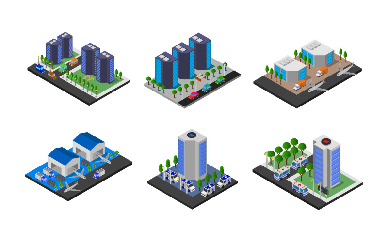 Set Of Isometric Buildings On Background - Vector Image Vector Graphic