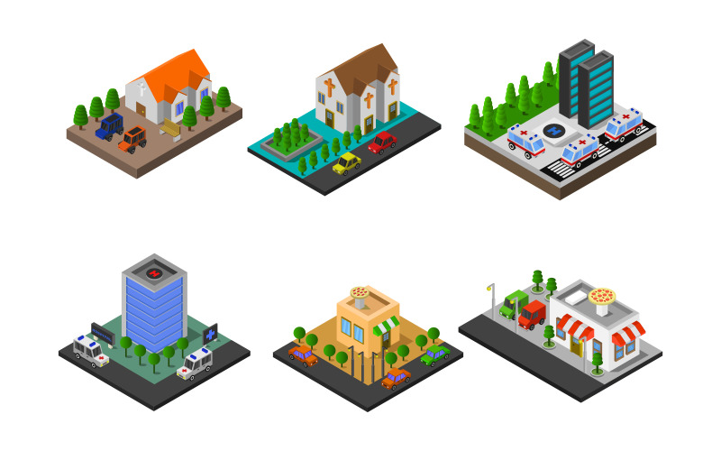 Set Of Isometric Buildings - Vector Image Vector Graphic