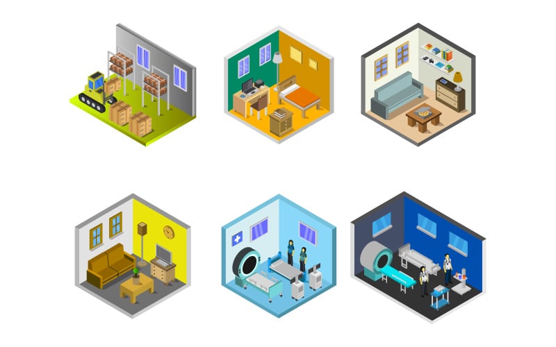 Set Of Isometric Rooms On Background - Vector Image Vector Graphic
