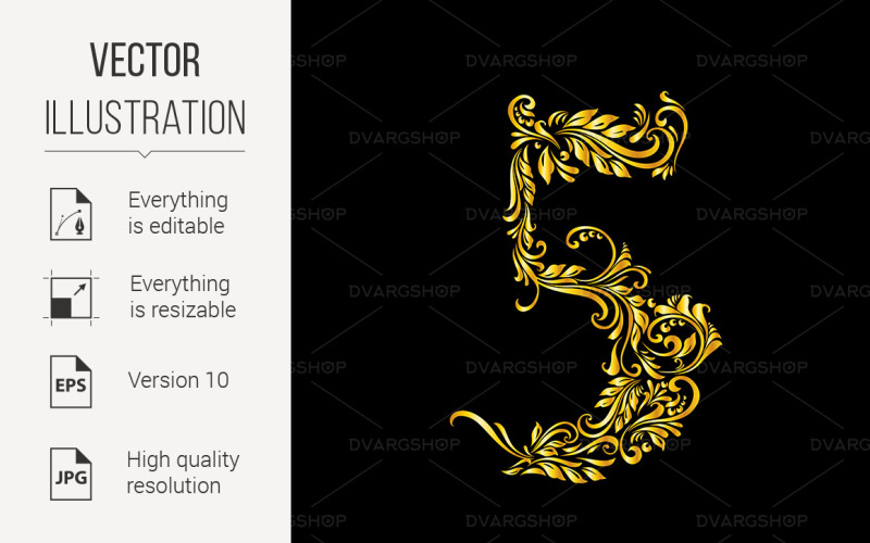 Decorated Five Digit on Black - Vector Image Vector Graphic