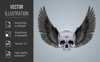 Metal Chrome Skull with Two Wings - Vector Image