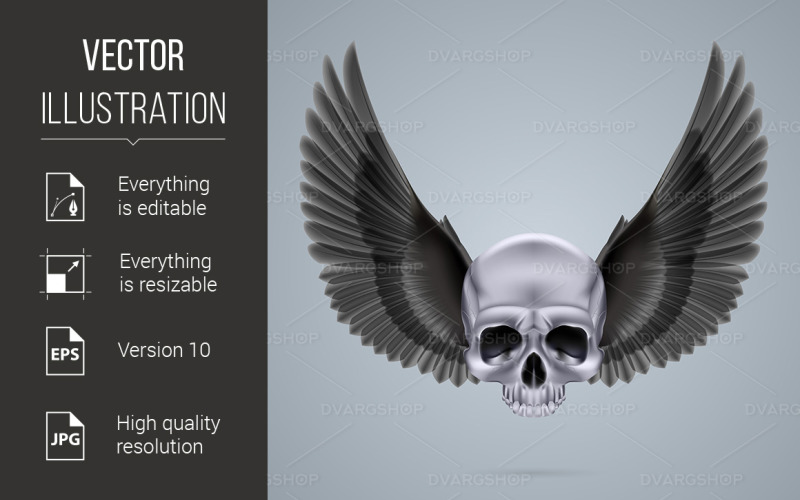 Metal Chrome Skull with Two Wings - Vector Image Vector Graphic