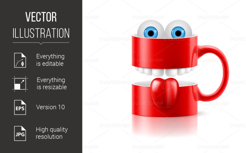 Red Mug of Two Parts with Teeth, Tongue and Froggy Eyes - Vector Image Vector Graphic