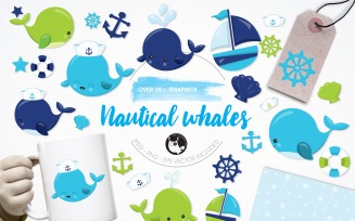 Nautical whales illustration pack - Vector Image