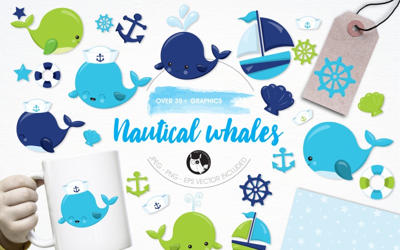Nautical whales illustration pack - Vector Image Vector Graphic
