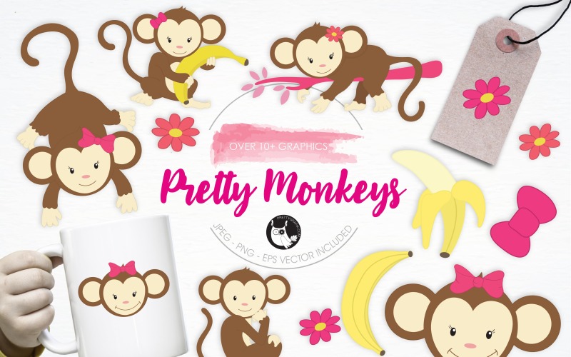 Pretty Monkeys illustration pack - Vector Image Vector Graphic