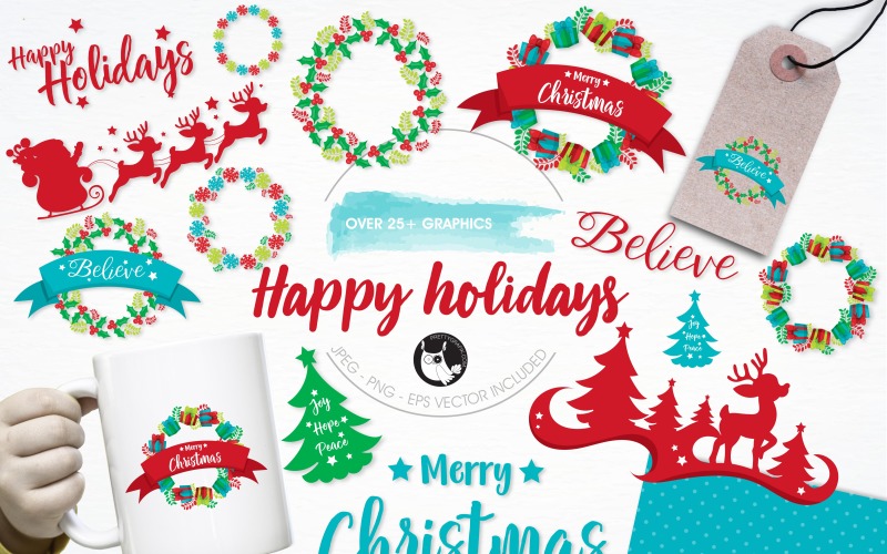 Happy holidays illustration pack - Vector Image Vector Graphic