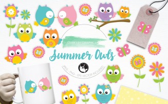 Summer Owls illustration pack - Vector Image