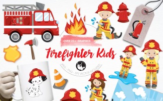 Firefighter kids illustration pack - Vector Image