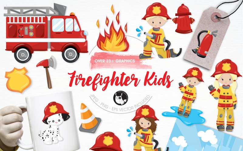 Firefighter kids illustration pack - Vector Image Vector Graphic