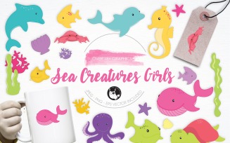 Sea Creature Girls illustration pack - Vector Image