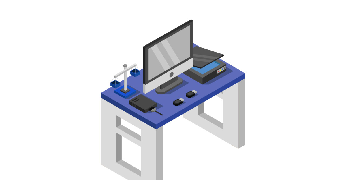 Isometric office desk on white background - Vector Image