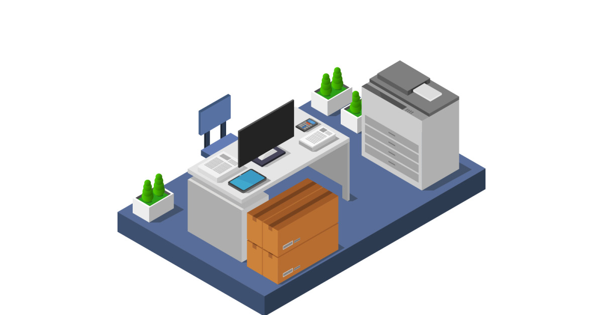 Isometric Office On White Background - Vector Image