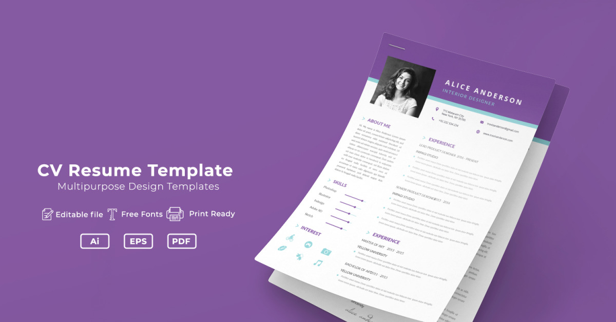 Clean and creative Alice CV Resume Template - TemplateMonster