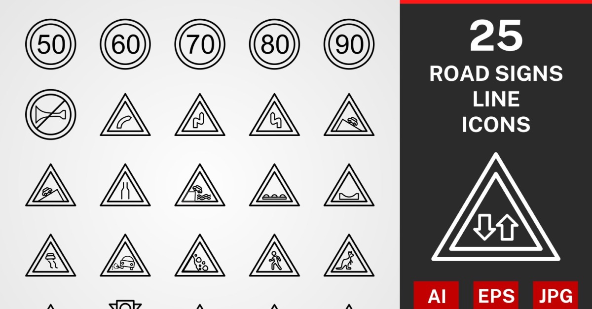 25 Road Signs LINE PACK Icon Set #114507 - TemplateMonster