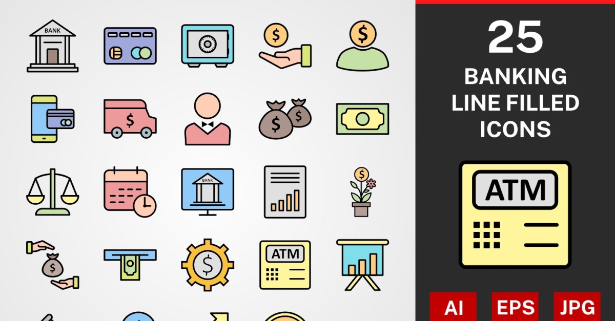25 Banking LINE filled PACK Icon Set - TemplateMonster