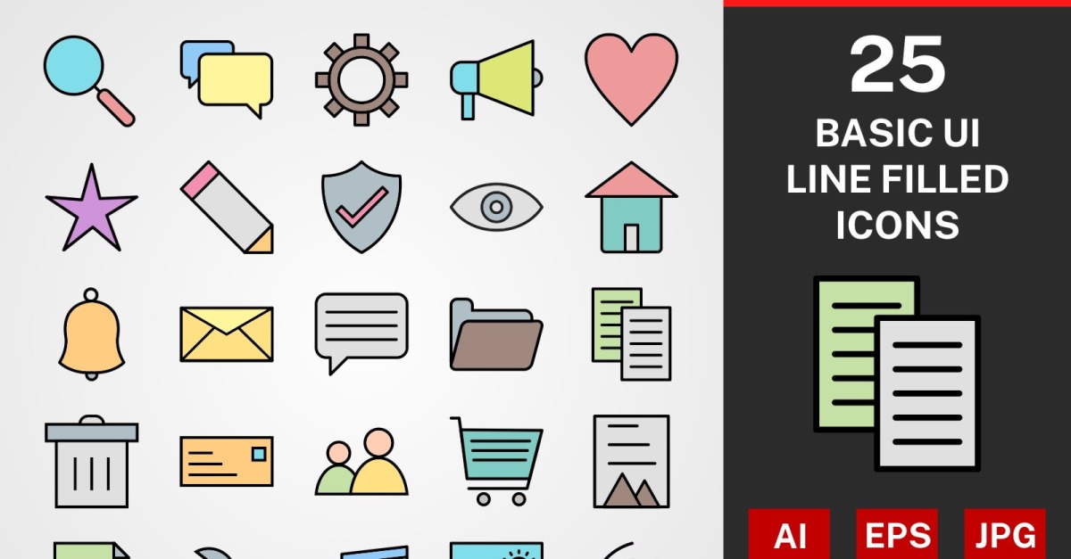 25 Basic UI LINE FILLED PACK Icon Set - TemplateMonster