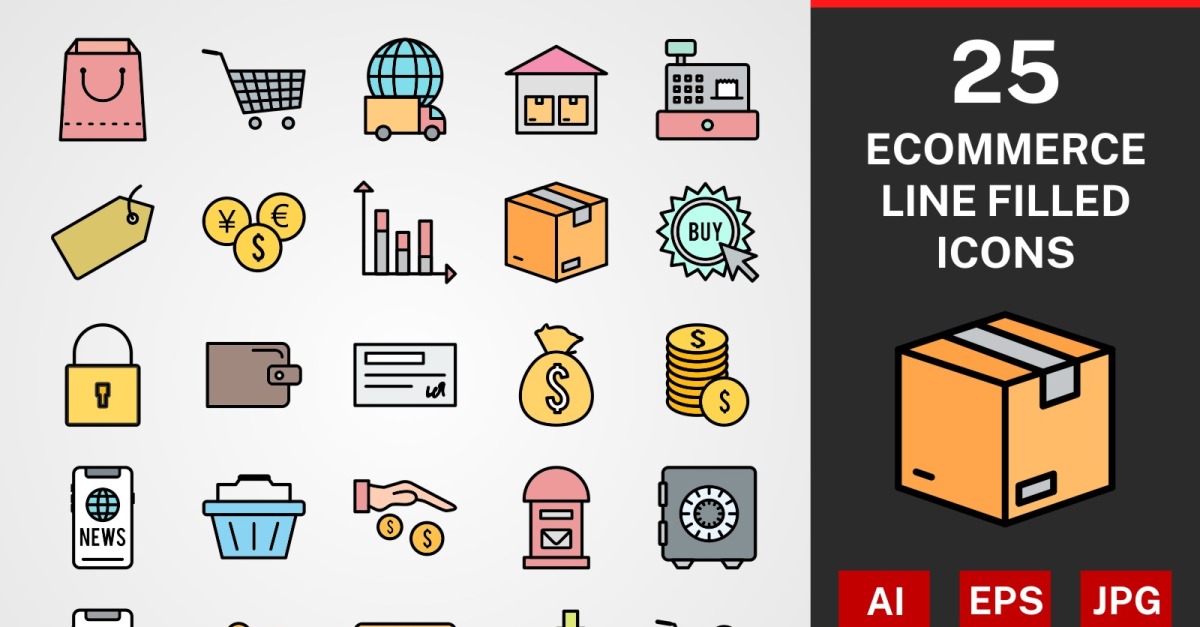 25 Ecommerce LINE FILLED PACK Icon Set - TemplateMonster