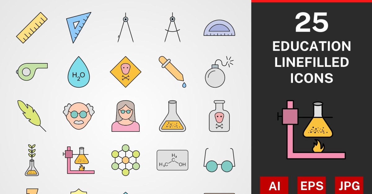 25 Education LINE filled PACK Icon Set - TemplateMonster