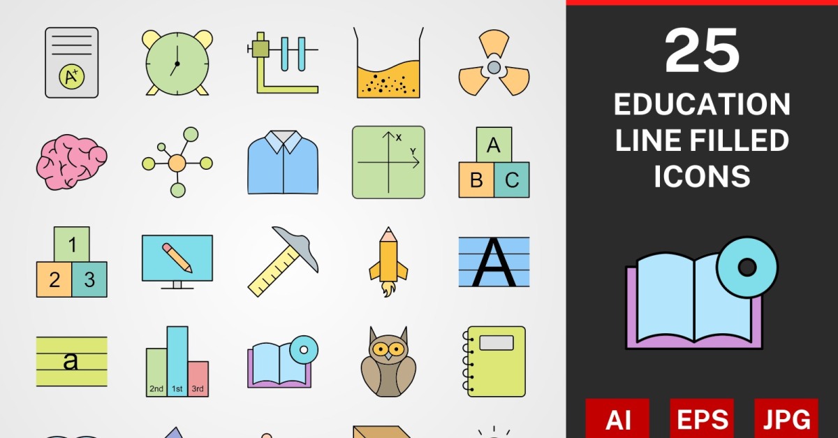 25 Education LINE filled PACK Icon Set - TemplateMonster